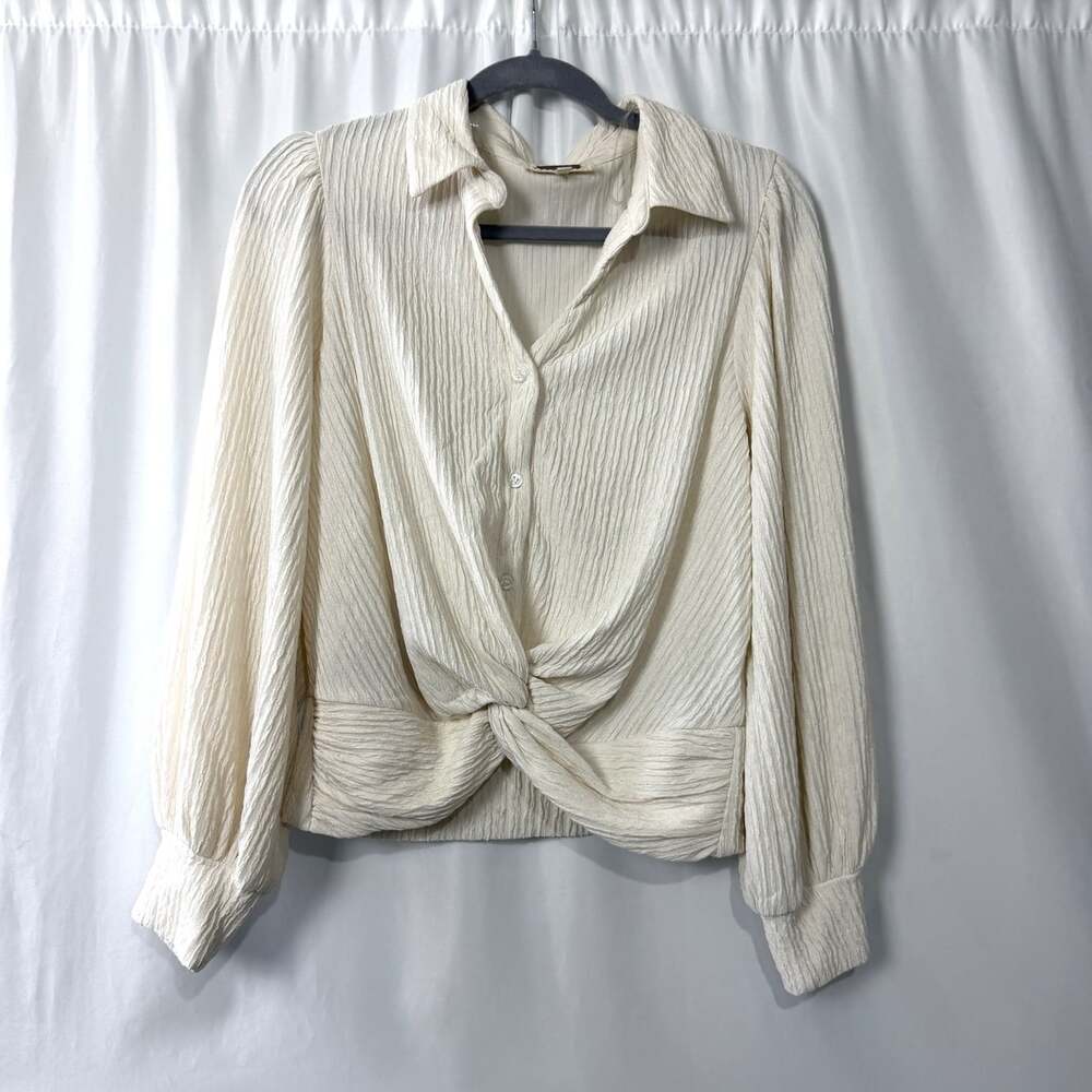 Amber Skies XL Cream Crinkle Twist Front Bishop Sleeve Blouse Top
